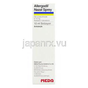 アレルゴディル Allergodil, アゼラスチン140mcg 鼻スプレー (Meda Pharam) 箱裏面
