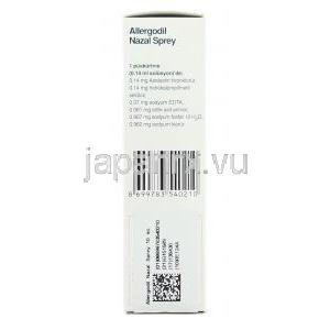 アレルゴディル Allergodil, アゼラスチン140mcg 鼻スプレー (Meda Pharam) 箱側面