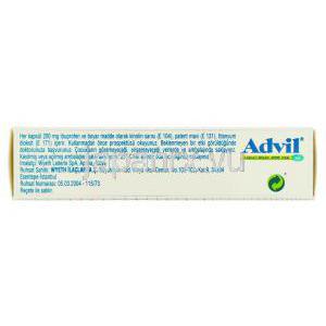 アドヴィル Advil Liquigel, イブプロフェン 200mg リキッドジェル カプセル (Wyeth) 箱側面
