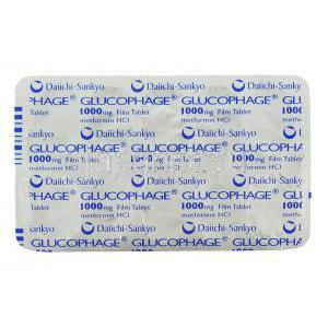 グルコファージ Glucophage, メトホルミン 1,000mg 錠 (ロシェ社) 包装裏面
