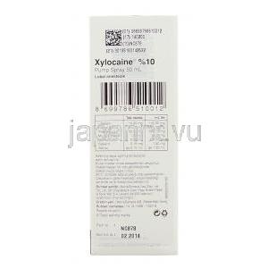 キシロカイン Xylocaine,  リドカイン 10ml x 50ml ポンプスプレー （アストラゼネカ社） 箱裏面