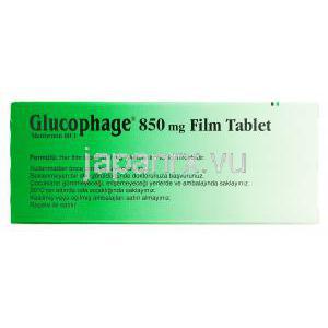 グルコファージ Glucophage, メトホルミン 850mg 錠 (ロシェ社) 箱裏面
