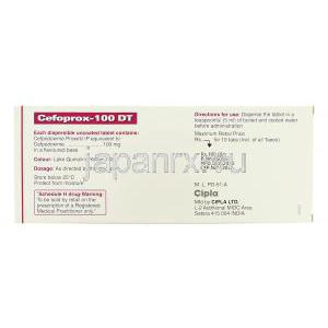 セポフロックスDT Cepoflox-DT, セフポドキシムプロキセチル, 100mg 錠  (Cipla) 箱裏面