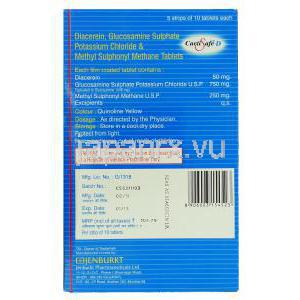 グルコサミン＋ビタミンD3＋炭酸カルシウム 錠, Cartisafe 750MG/ 125iu/ 250MG　錠 (Jenburkt Pharma) 箱裏面