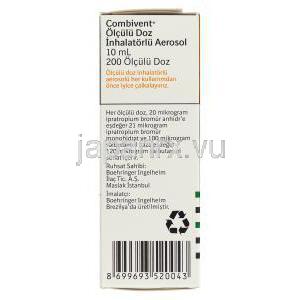 コンビベント Combivent, イプラトロピウム・サルブタモール配合 100mcg 吸入剤 (Boehringer Ingelheim) 箱側面