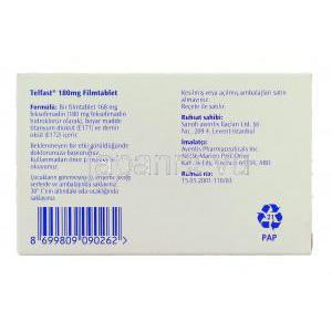 テルファスト180mg 錠 (Aventis・トルコ) 箱裏面