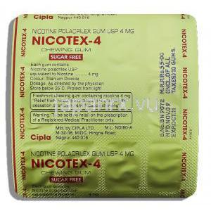 ニコテックス Nicotex, ニコチン 4mg ニコチン代替療法用ガム (Cipla) 包装裏面