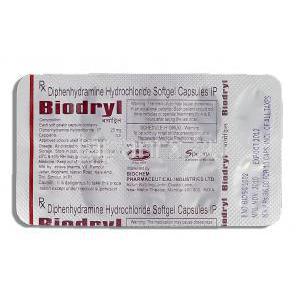 バイオドリル Biodryl, ベナドリル ジェネリック, ジフェンヒドラミン塩酸塩 25mg 錠 (Biochem) 包装裏面