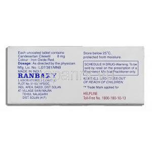 カンデサール Candesar (ブロプレス ジェネリック) カンデサルタン 8mg 錠 (Ranbaxy) 成分