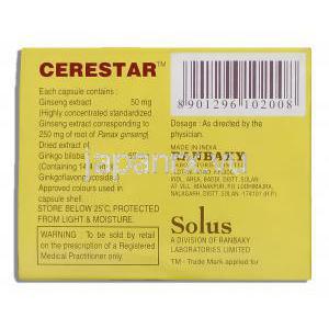 ケアスター Cerestar, 朝鮮人参・イチョウ葉エキス配合 カプセル (Ranbaxy/Solus) 成分・製造者情報