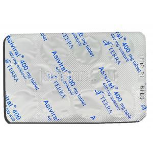 アシビラル Asiviral, ゾビラックスジェネリック, アシクロビル 400mg 錠 (Terra) 包装裏面