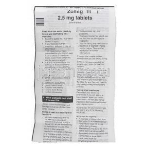 ゾーミッグ Zomig, ゾルミトリプタン 2.5mg 錠 (アストラゼネカ) 情報シート1