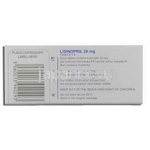 ゼストリル  ジェネリック, リシノプリル Lisinopril  20mg 錠 (Bristol) 箱裏面