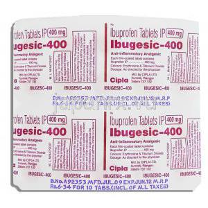 イブジェシック Ibugesic, モトリン ジェネリック, イブプロフェン 400mg 錠 (Cipla) 包装裏面