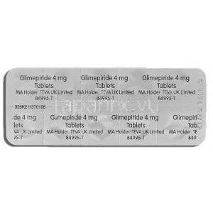 グリメピリド Glimepiride, アマリール ジェネリック 4mg 錠 (Teva) 包装裏面