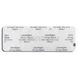ラミクタールジェネリック, ラモトリジン 25mg 錠 (Teva) 包装裏面