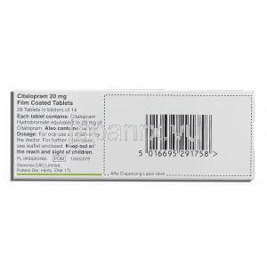 セレクサ ジェネリック, シタロプラム 20mg 錠 (Generics Ltd) 箱裏面