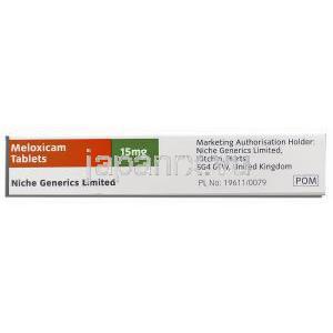 メロキシカム Meloxicam  15mg 錠 (Niche Generics) 箱側面