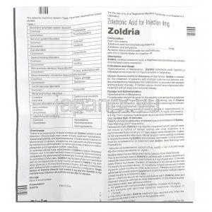 ゾルドリア Zoldria, ゾメタ ジェネリック, ゾレドロネート 4ml 5ml  注射 (Cipla) 情報シート1