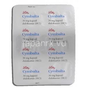 サインバルタ Cymbalta, デュロキセチン 30mg カプセル (Lily) 包装裏面