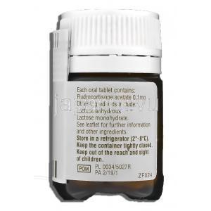 フロリネフ Florinef, フロリネフ ジェネリック, フルドロコルチゾン 0.1mg 錠 (Bristol-Mayers) ボトル裏面