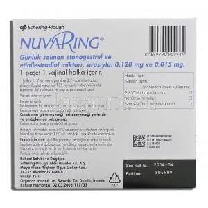 ニュバリング （ヌーバリング） Nuvaring 0.120mg/0.015mg (24hrs) 膣内装着リング (Schering-Plough) 箱裏面