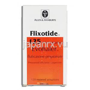 フリゾタイド Flixotide, フルチカゾンプロピオン酸エステル 125mcg 吸入剤 (Allen Hunbrys) 箱