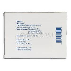 レスコール Lescol, ローコール ジェネリック, フルバスタチン 40mg (Novartis) 箱裏面