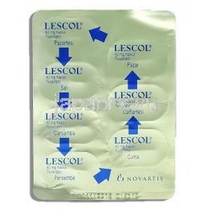 レスコール Lescol, ローコール ジェネリック, フルバスタチン 40mg (Novartis) 包装裏面
