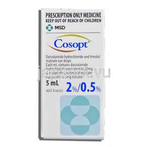 コソプト Cosopt, ドルゾラミド・マレイン酸チモロール配合 2%/0.5% 点眼薬 (MSD) 箱