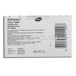 エドロナックス Edronax, レボキセチン 4mg 錠 (Pfizer) 製造者情報