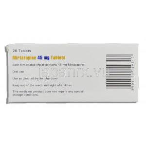 リフレックス ジェネリック, ミルタザピン 45mg 錠 (Aurobindo) 箱裏面