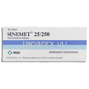 シネメット Sinemet, レボドパ・カルビドパ配合 250mg / 25mg 錠 (MSD) 箱