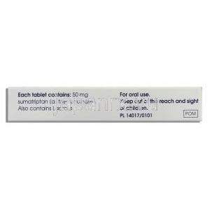 イミグラン ジェネリック, スマトリプタン Sumatriptan 50mg 錠 (Dexcel) 箱側面