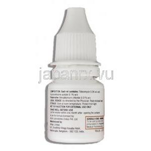 トブラゾン Tobrasone, フルオロメトロン /  トブラマイシン配合, FML-T,  5ml 点眼薬 (Alcon) ボトル裏面