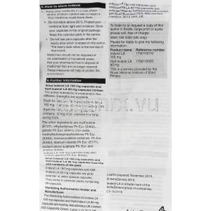 インデラルLA Inderal LA, プロプラノロール 160mg カプセル （アストラゼネカ社） 情報シート2