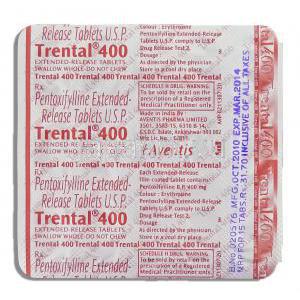 トレンタールER Trental ER, ペントキシフィリン 400mg 錠 (Aventis) 包装裏面