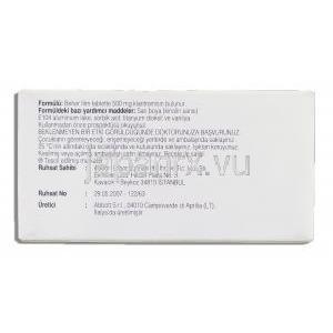 クラリシッド Klacid, クラリスロマイシン 500mg (アボット社) 箱裏面