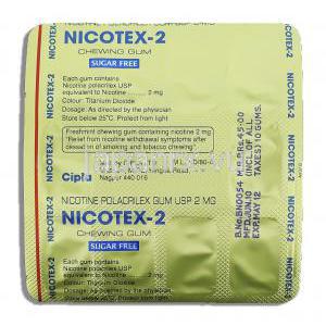 ニコテックス Nicotex, ニコチン 2mg ニコチン代替療法用ガム (Cipla) 包装裏面