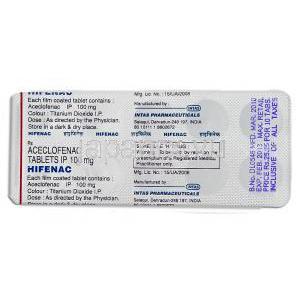 アセクロフェナク, Hifenac, 100mg 錠 (Intas) 包装裏面