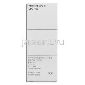 アトロベント Atrovent Inhaler, 臭化イプラトロピウム 20mcg 200定量 吸入剤 (Boeringer Ingelheim) 箱側面