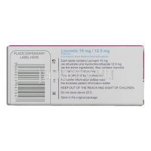 リソレティック Lisoretic, リシノプリル・ヒドロクロロチアジド配合 10mg/12.5mg 錠 (Bristol) 箱裏面