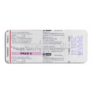 プラックス Prax, エフィエント ジェネリック, プラスグレル 5mg 錠 (Torrent) 包装裏面