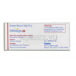 オルメサルタンメドキソミル (オルメテックジェネリック), Olmecip, 20mg 錠 (Cipla) 情報