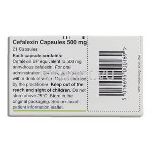 ケフレックス ジェネリック,セファレキシン 500mg カプセル (Sandoz) 箱裏面