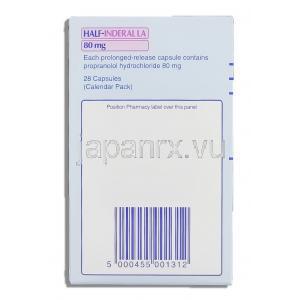 ハーフ・インデラルLA Half-Inderal LA, プロプラノロール 80mg カプセル （アストラゼネカ社） 箱裏面