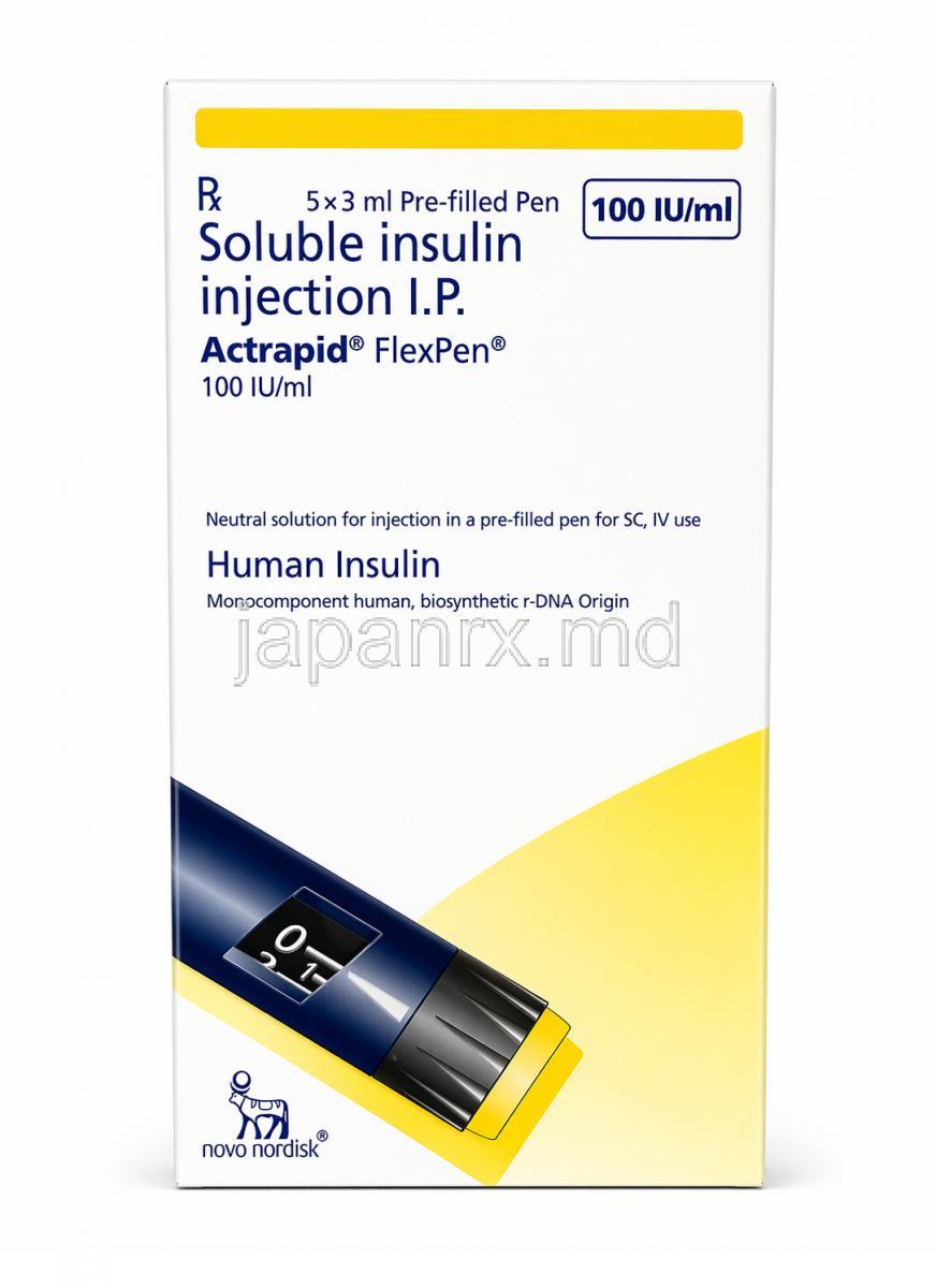 アクトラビッド フレックス ペン型注射, ヒトインスリン 100 IU/mL, ペン型注射 3 mL,製造元：Novo Nordisk India, 箱表面