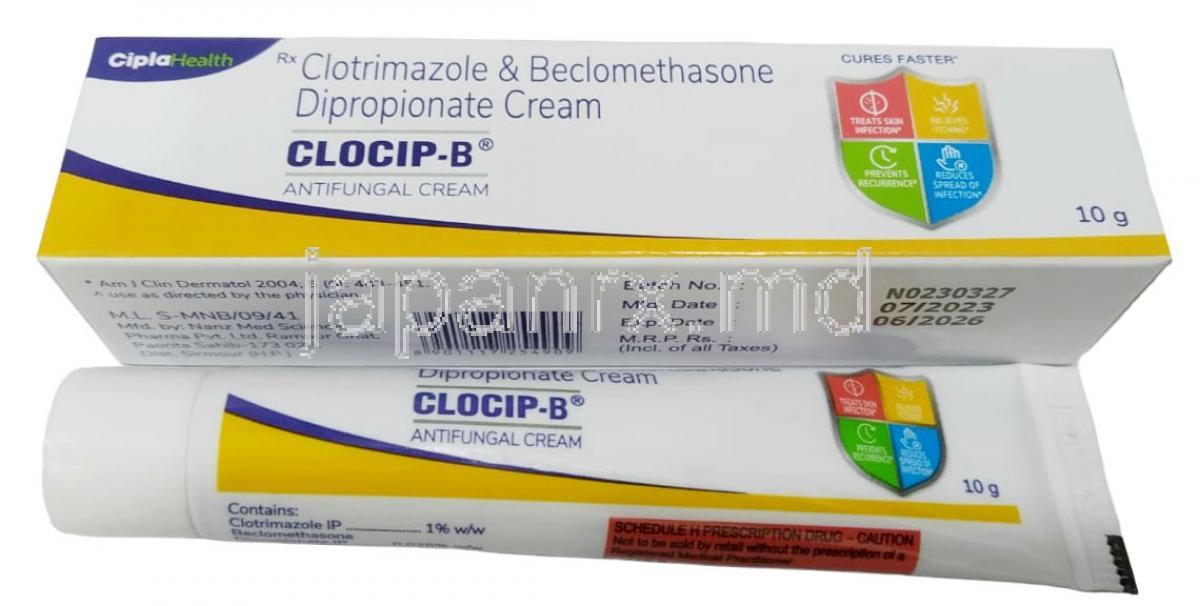 クロシップ B クリーム,ベクロメタゾン 0.025%/ クロトリマゾール 1%,クリーム 10 g, 製造元：Cipla,箱情報, チューブ表面