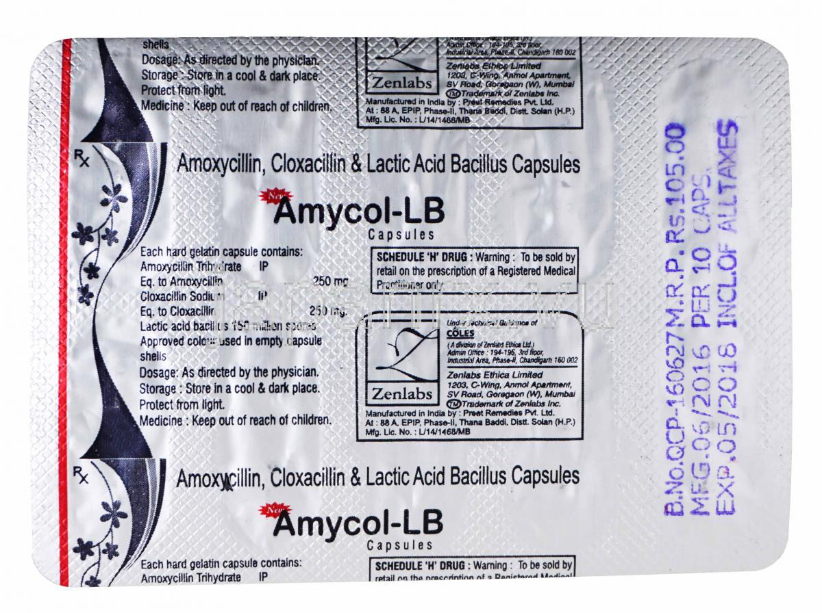 Amoxycillin/ Cloxacillin & Lactic Acid Bacillus Capsules, 250 mg, 10 capsules, blister pack back presentation