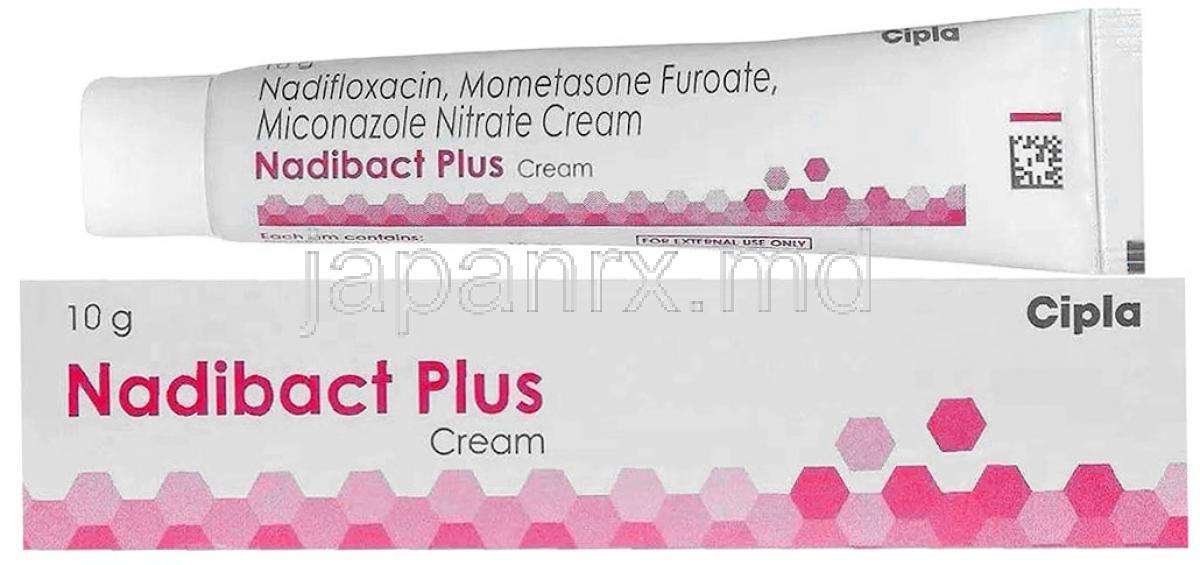 ナディバクトプラス クリーム, ミコナゾール 20 mg / モメタゾン 1 mg / ナジフロキサシン 10 mg  クリーム 10 g, 箱, チューブ